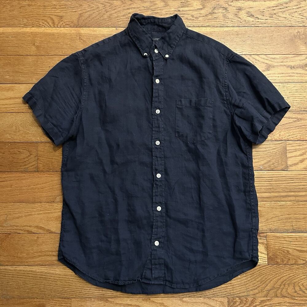 J Crew 100% Linen Navy Blue Short Sleeve Button Up Shirt Medium